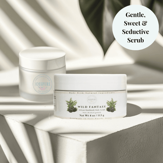 JOSSPURE blackberry sage sugar scrub in white jar with natural ingredients label and soft shadows