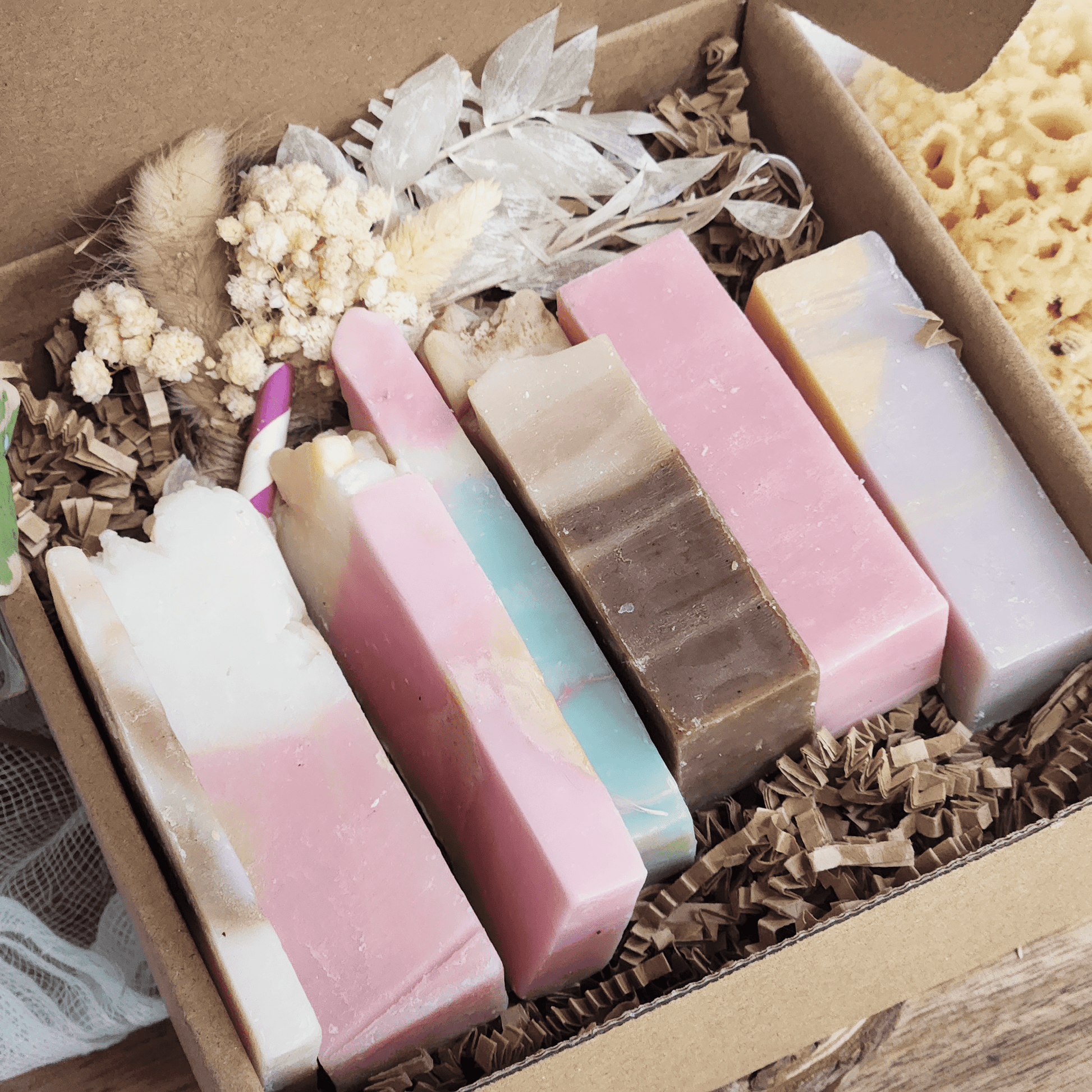 JOSSPURE handmade mystery soap sampler pack with colorful natural soap bars in a gift box
