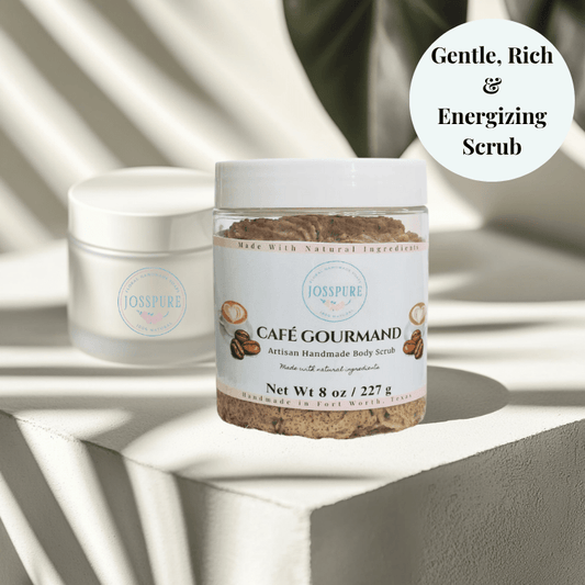 JOSSPURE coffee body sugar scrub in an 8 oz jar with natural ingredients and gentle exfoliating formula