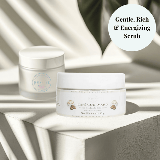 JOSSPURE coffee luxury sugar scrub in white jar with natural body care branding on textured white surface
