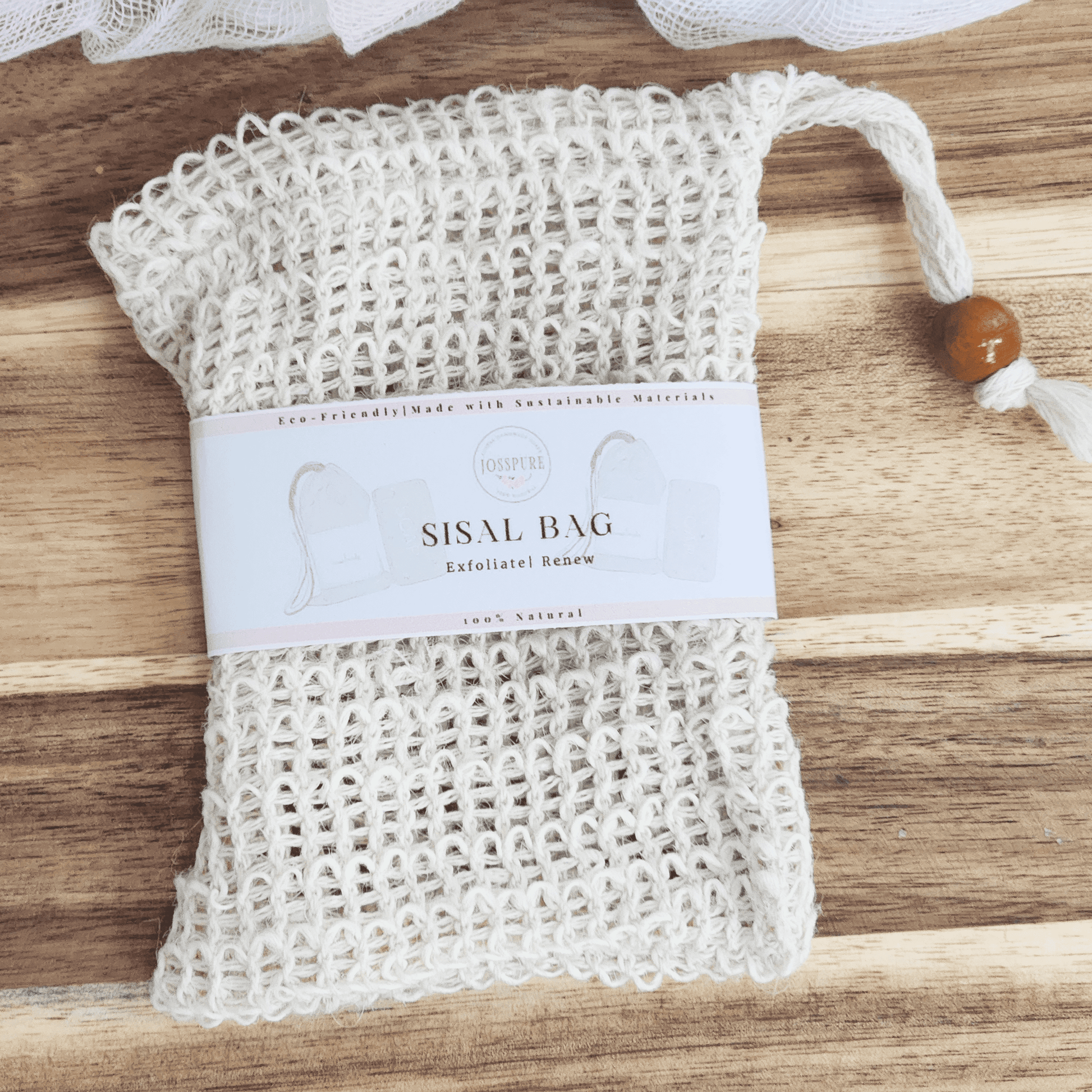 JOSSPURE eco friendly cotton sisal bag for soap with natural exfoliating texture and wooden bead closure