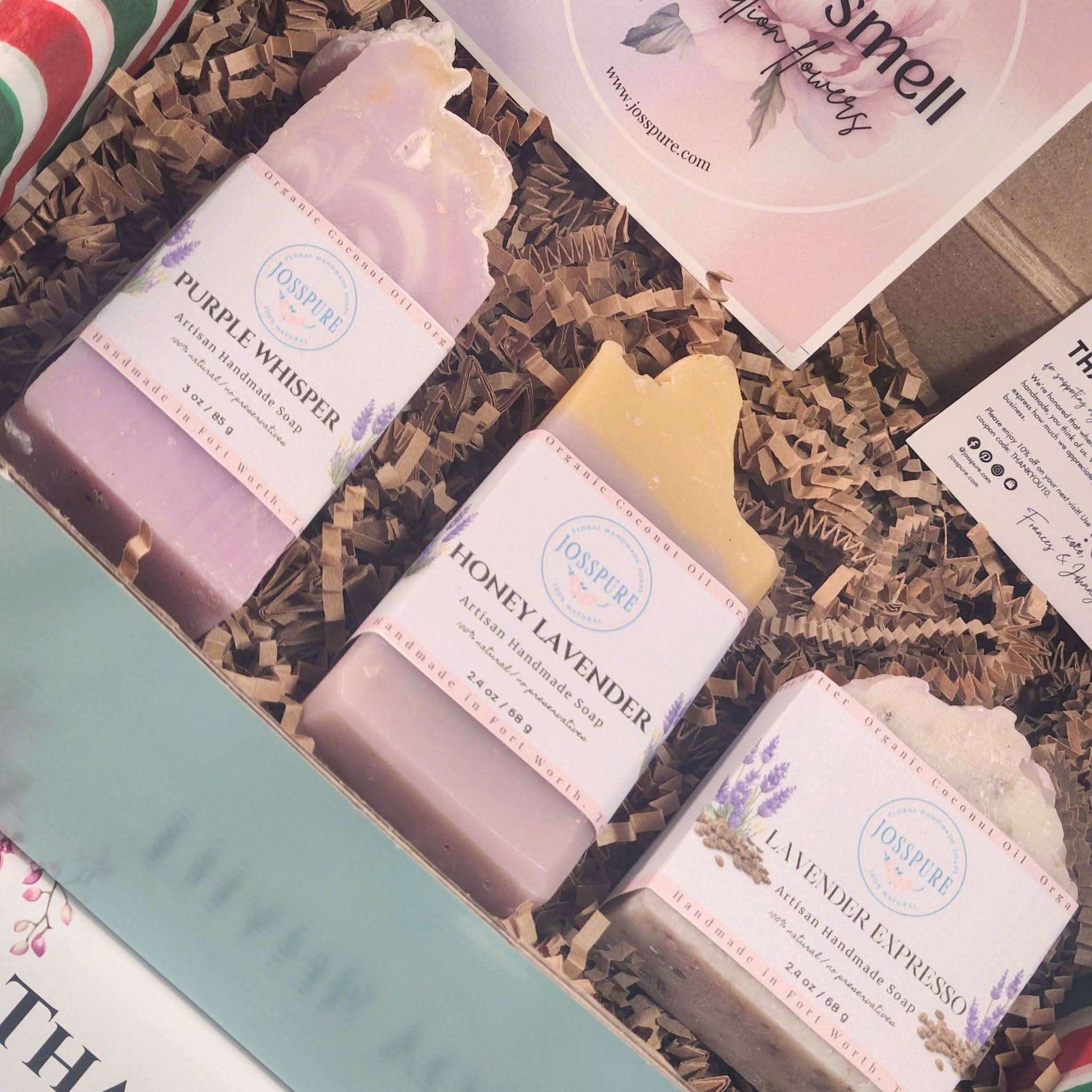Lavender lovers soap gift set with JOSSPURE handmade shea butter soaps in purple whisper honey lavender and lavender espresso