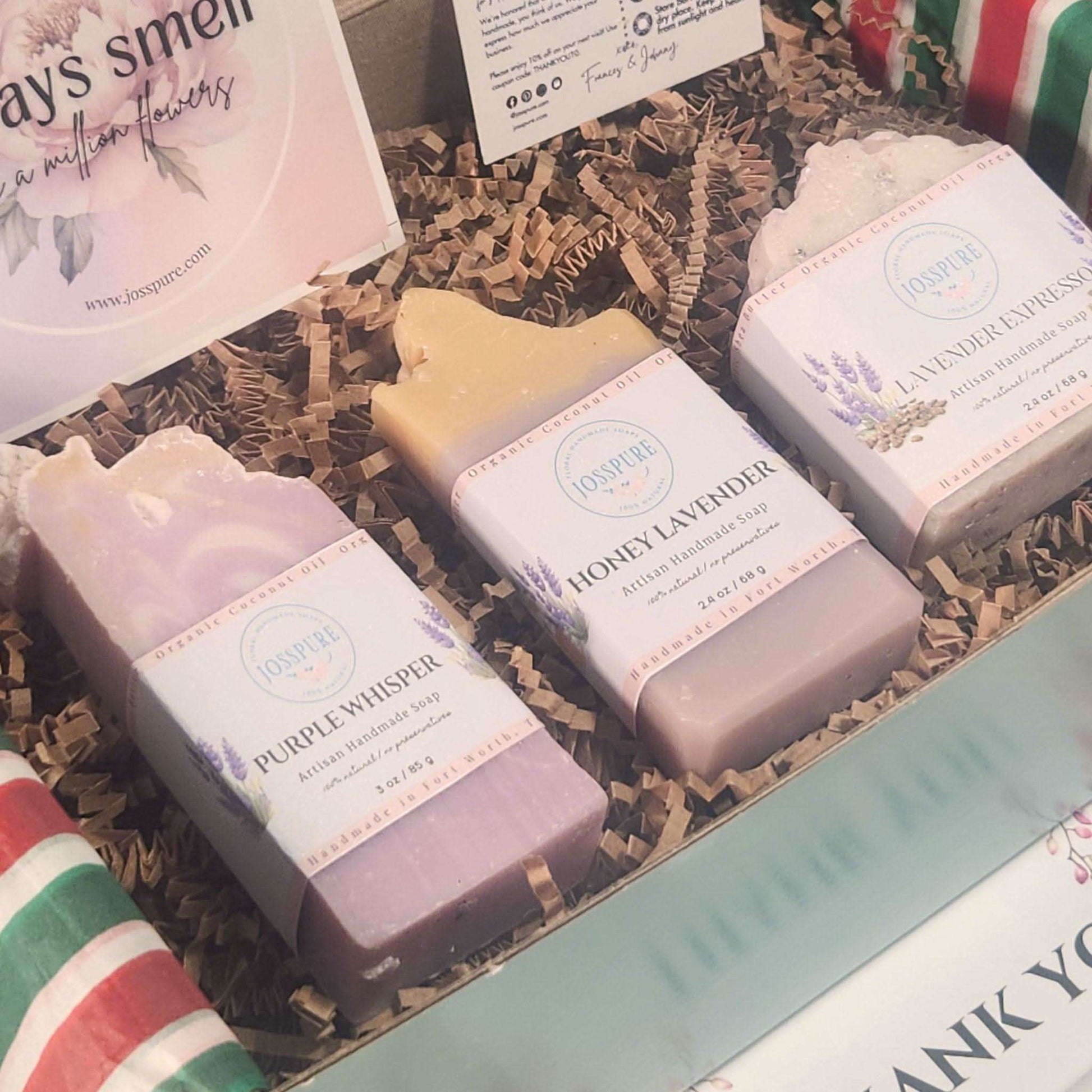 JOSSPURE lavender lovers soap gift set with handmade natural shea butter soap bars in decorative packaging