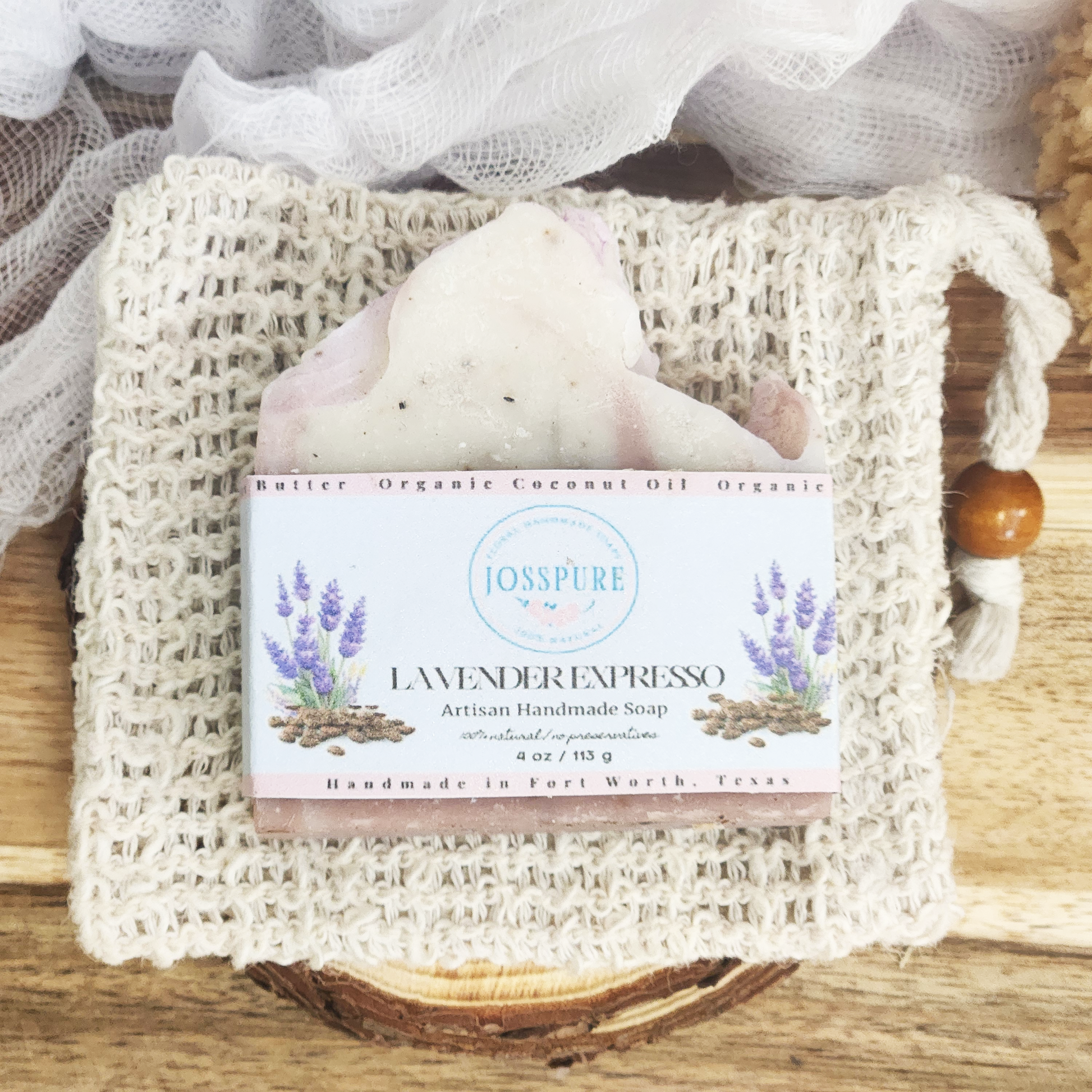 JOSSPURE lavender coffee mild shea butter soap handmade with natural ingredients on a woven cloth