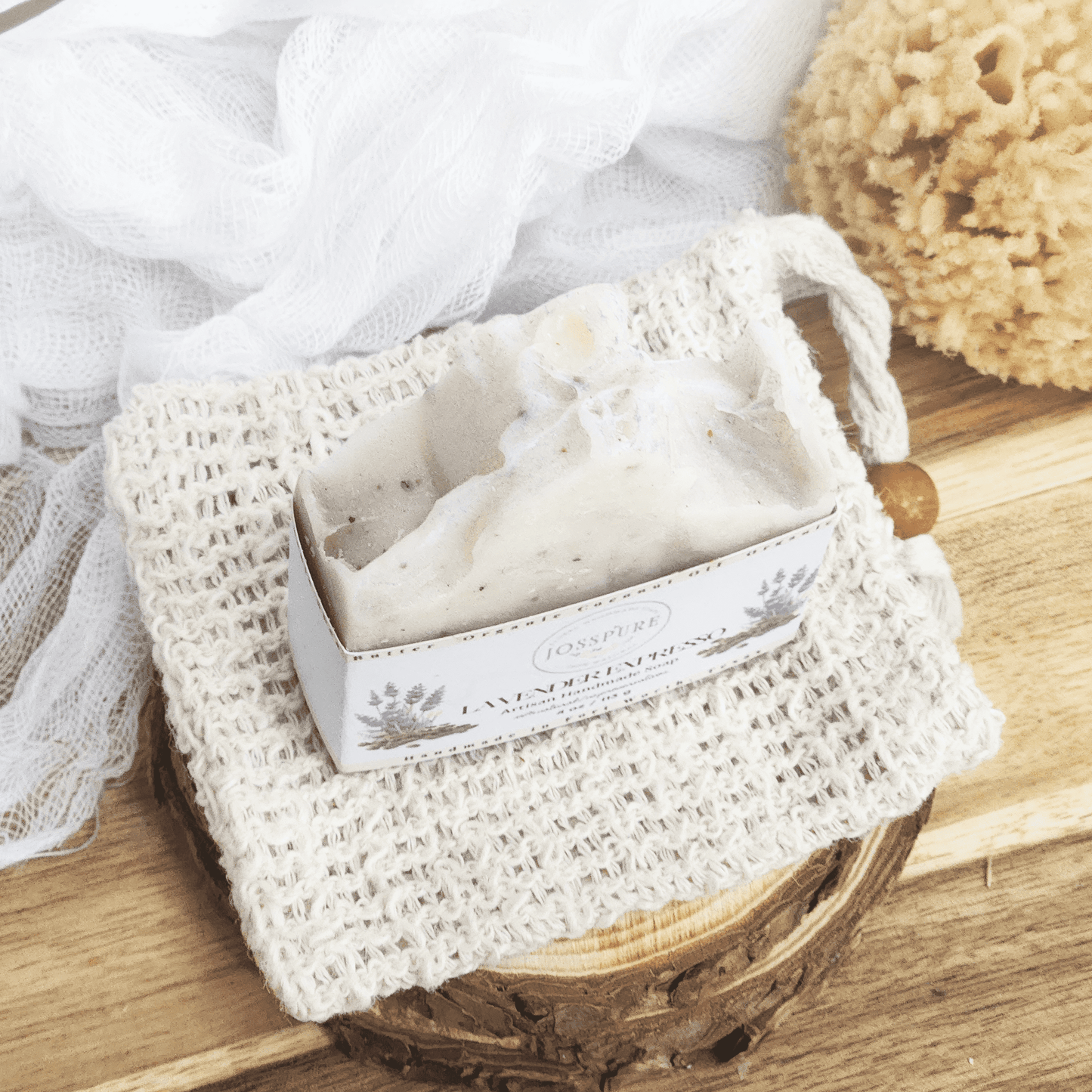 JOSSPURE lavender coffee mild shea butter soap handmade in a box on a woven pouch with natural bath sponge