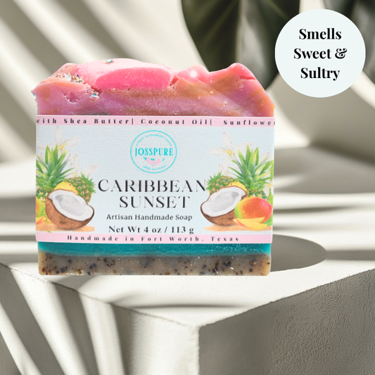JOSSPURE Caribbean Sunset Mango Pineapple Coconut summer shea butter soap with tropical fruit design