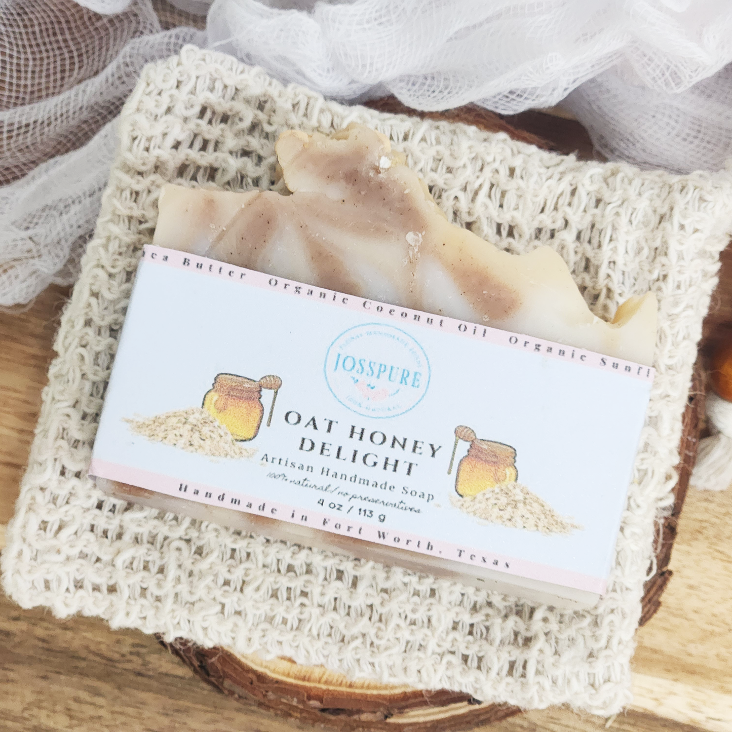 JOSSPURE Oatmeal & Honey Mild Shea Butter Soap handmade natural soap bar on knitted cloth