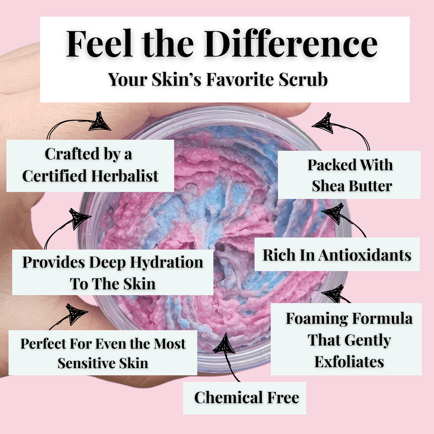 JOSSPURE blackberry sage sugar scrub in jar with pink and blue swirls highlighting natural exfoliating and hydrating benefits